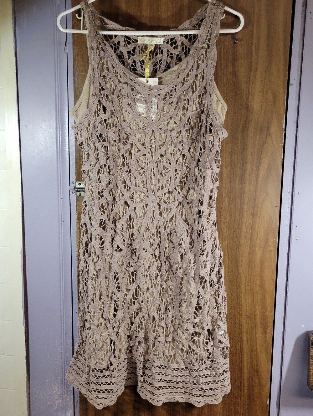 Vasna Desire Taupe Crochet swim Cover-Up Dress medium